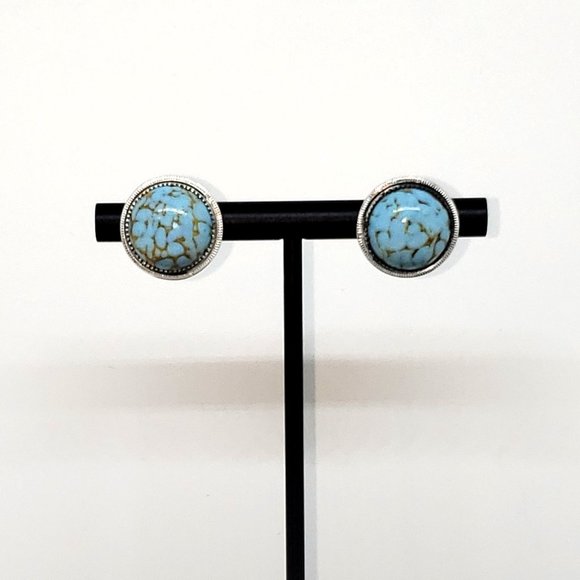 Vintage Blue Turquoise Silver Round Stud Earrings - Picture 5 of 7